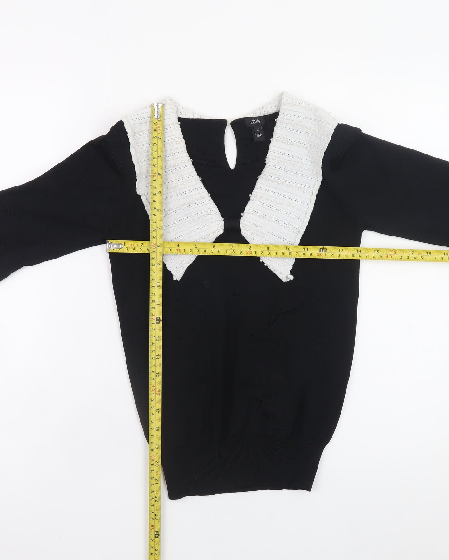 River Island Women’s Black Knit Jumper Size 10 with White Collar
