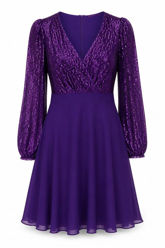 Front view of Kate & Pippa Women's Purple Sequin Fit & Flare Short Dress, size S