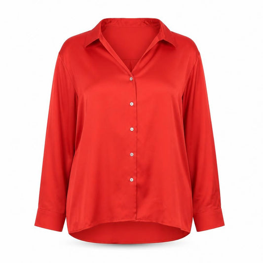 Front view of Dunnes women’s red button-up blouse, size UK 14
