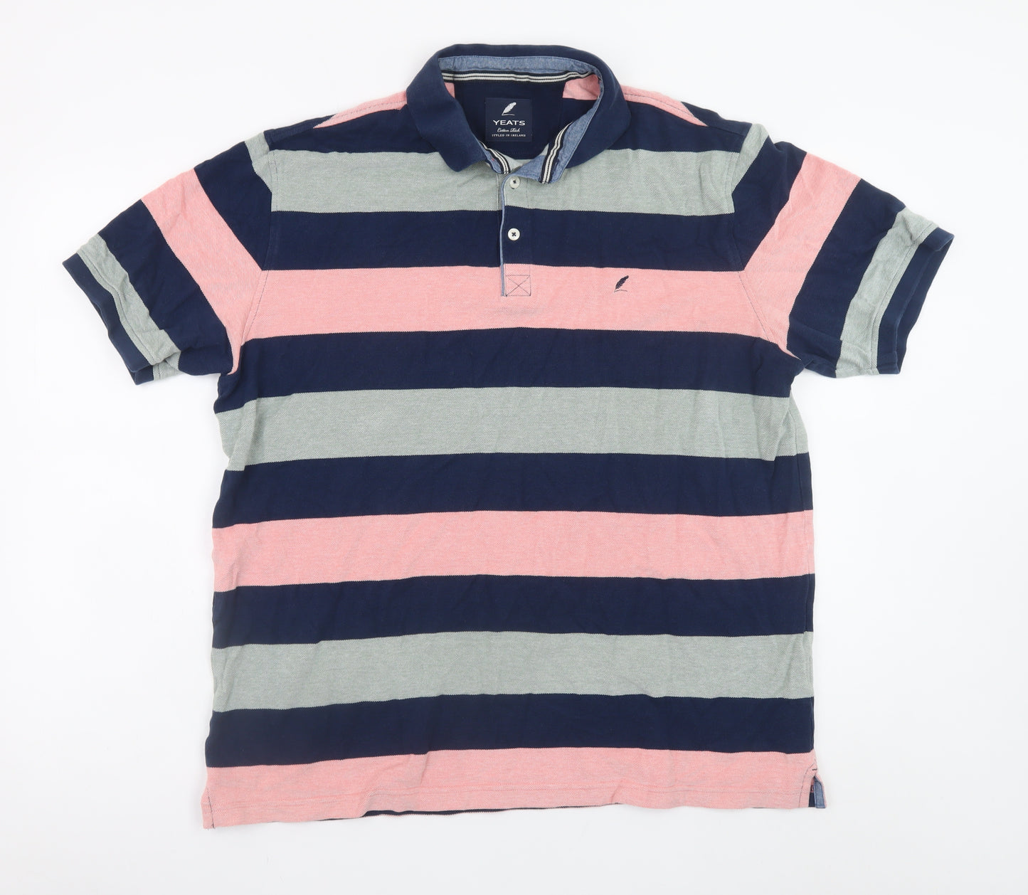 Yeats Men's Navy Pink Grey Striped Cotton Polo Shirt XXL