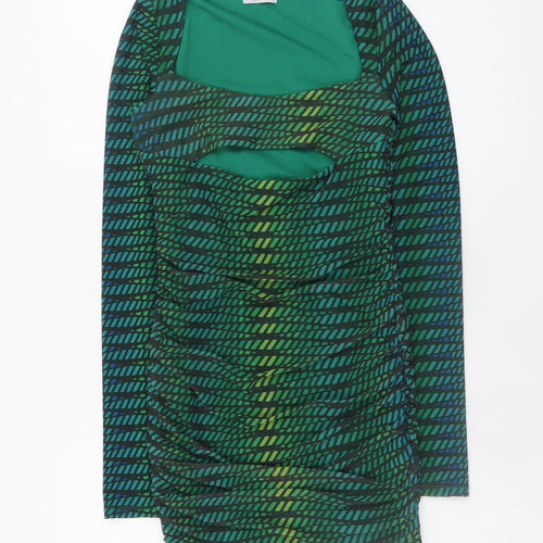 Oh Polly Women Green Bodycon Short Dress Size 8 Long Sleeve Ruched