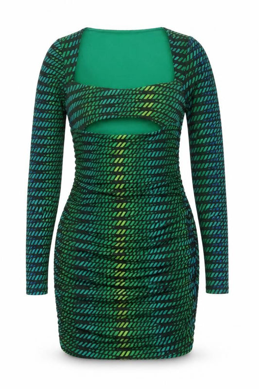 Front view of Oh Polly Women Green Bodycon Short Dress, size 8, Long Sleeve Ruched