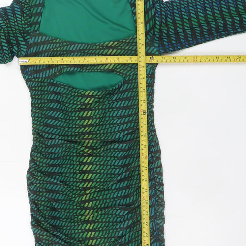 Oh Polly Women Green Bodycon Short Dress Size 8 Long Sleeve Ruched
