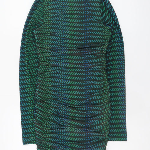 Oh Polly Women Green Bodycon Short Dress Size 8 Long Sleeve Ruched