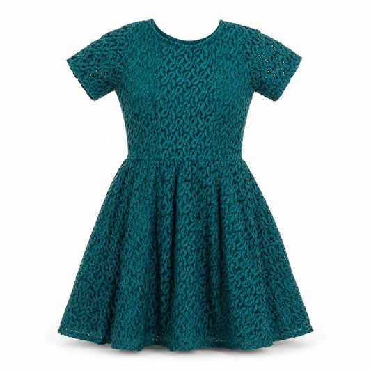 Front view of ASOS Women’s Green Lace Skater Dress, size UK 12, Short Sleeve Party Style