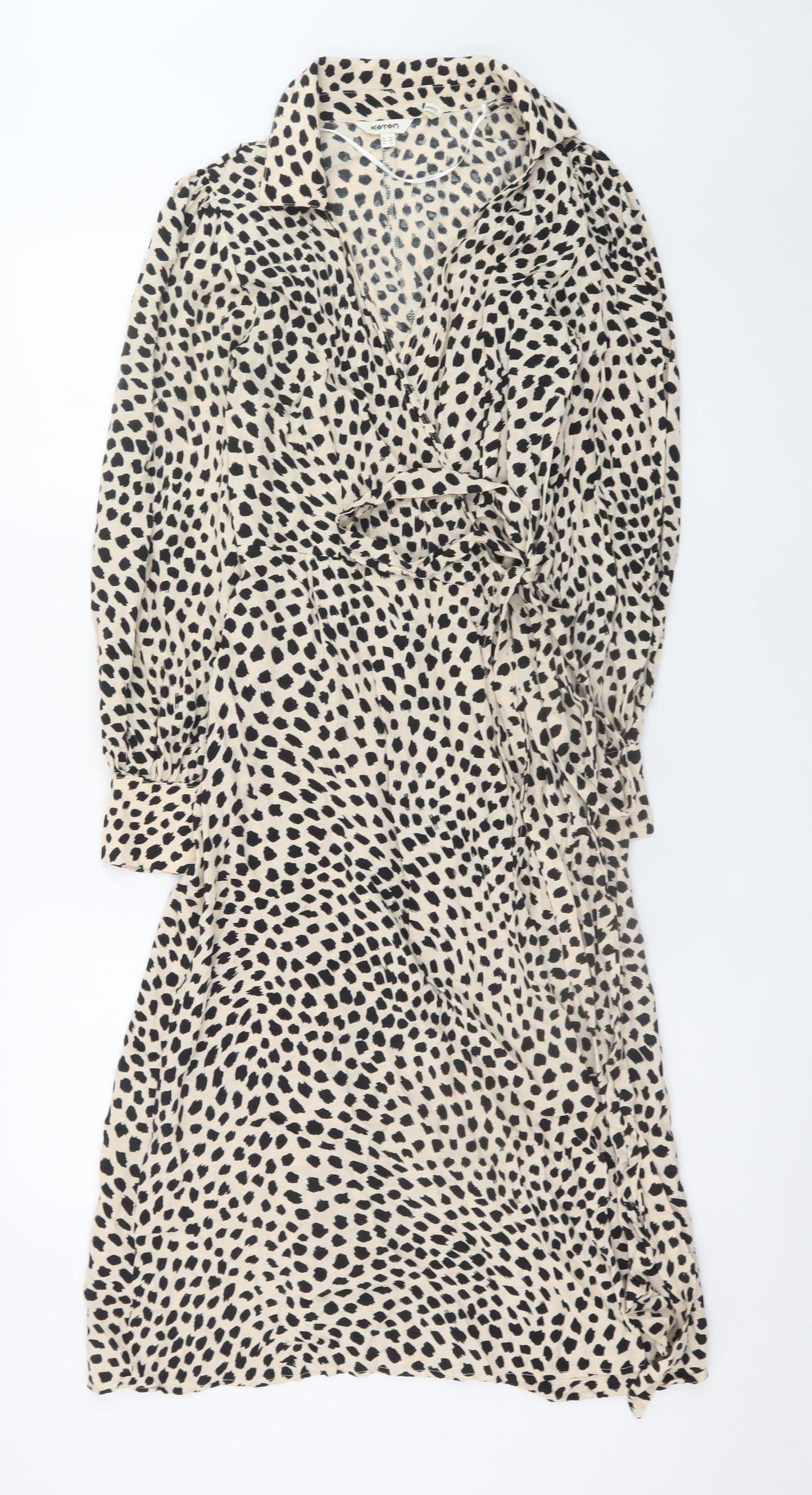 Koton Women’s Beige Animal Print Wrap Dress Size 6 Long Sleeve