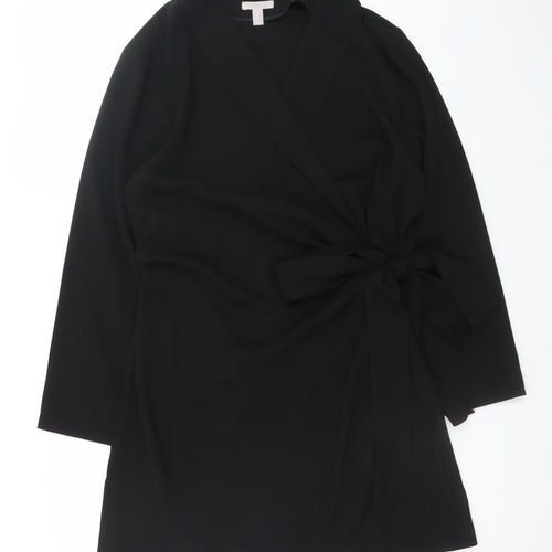 H&M Women Black Size 16 Wrap Dress Long Sleeve Belted