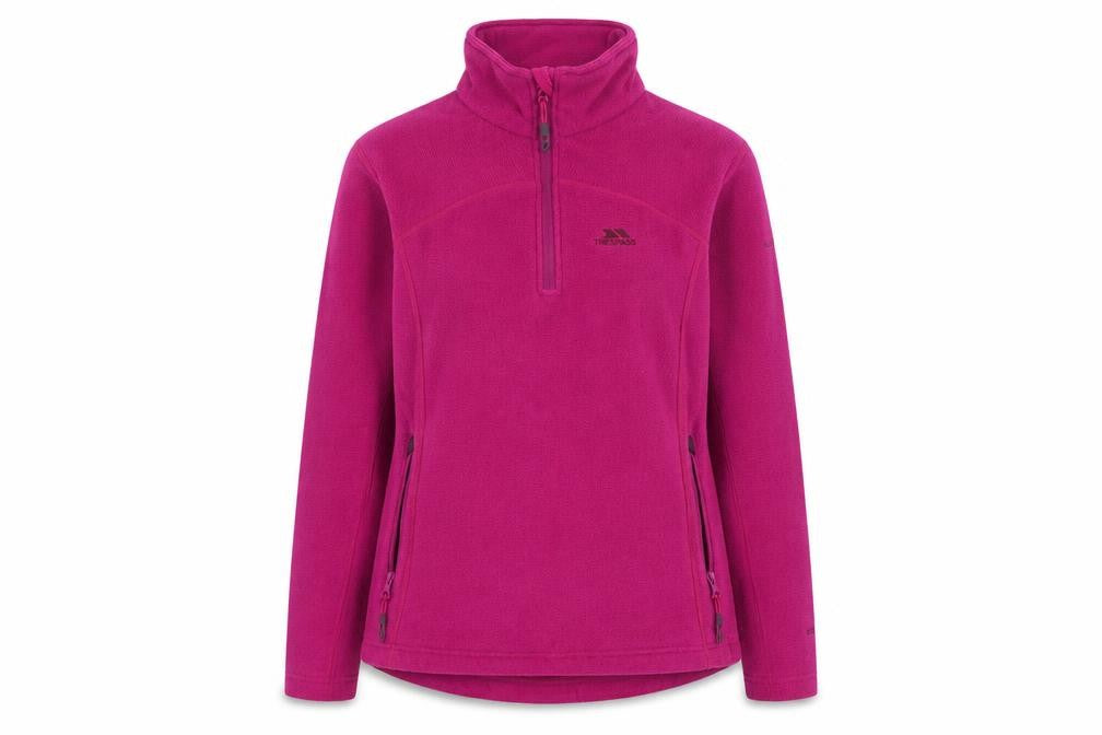 Front view of Trespass Women’s Pink Fleece Pullover Sweatshirt, size S, with 1/2 Zip