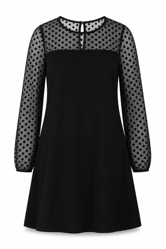 Front view of Billie & Blossom Women's Black, size 12, Shift Dress Polka Dot Sheer Long Sleeve