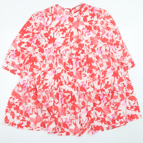 Emily & Me Womens Red Floral Shift Dress L 3/4 Sleeve Knee Length