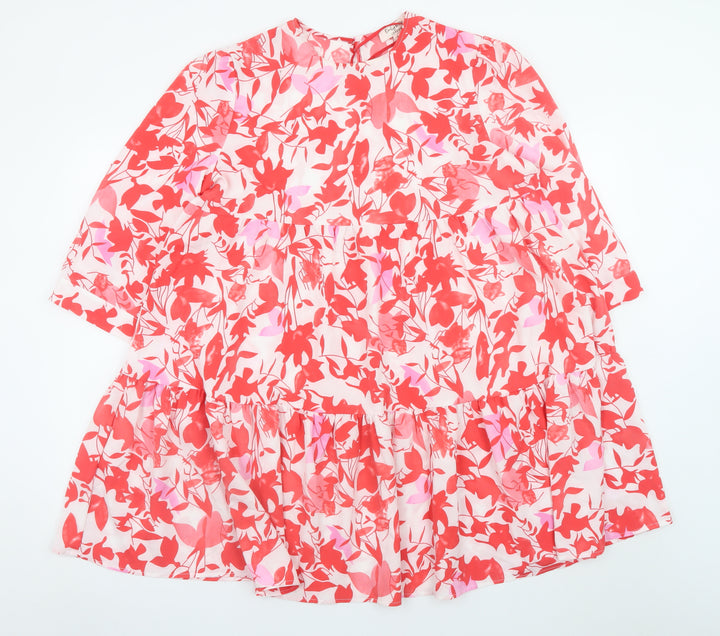 Emily & Me Womens Red Floral Shift Dress L 3/4 Sleeve Knee Length