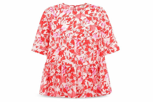 Front view of Emily & Me women’s red floral shift dress l 3/4 sleeve knee length
