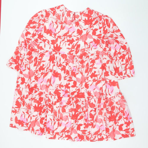 Emily & Me Womens Red Floral Shift Dress L 3/4 Sleeve Knee Length