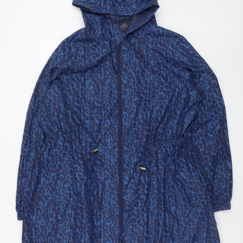 Marks and Spencer Women Blue Leopard Print Hooded Mid-Length Rain Coat Size L