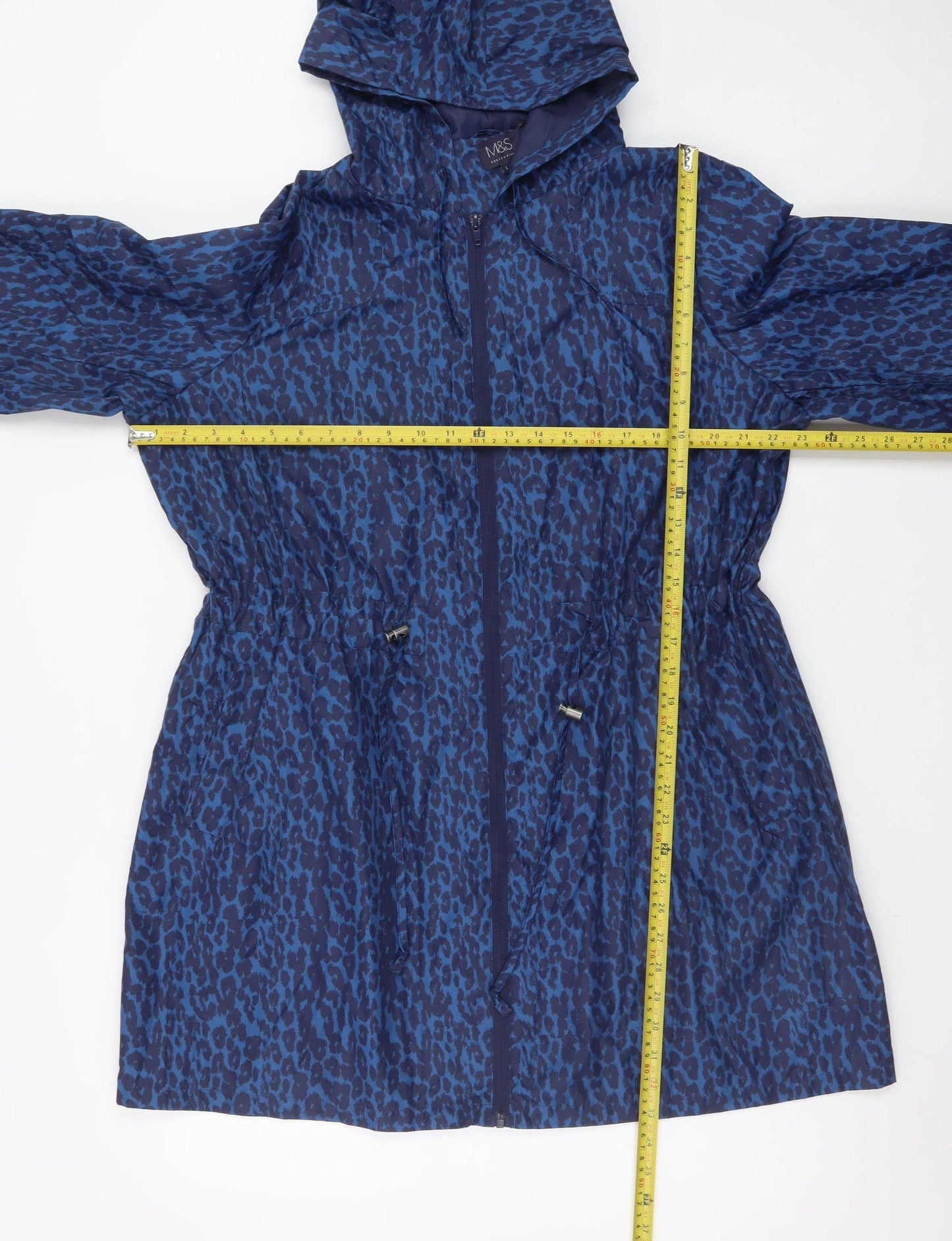 Marks and Spencer Women Blue Leopard Print Hooded Mid-Length Rain Coat Size L