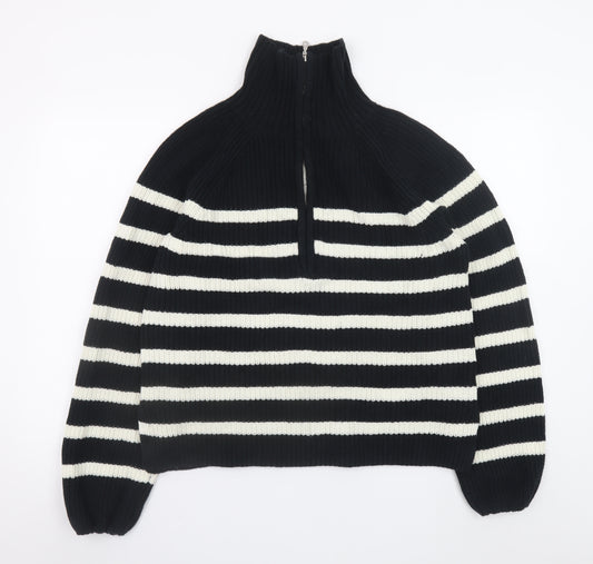 H&M Women’s Black & White Striped High Neck 1/2 Zip Knit Jumper Size 12