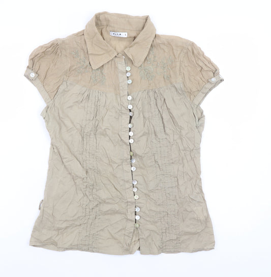 Vila Womens Beige Embroidered Button-Up Blouse Short Sleeve L