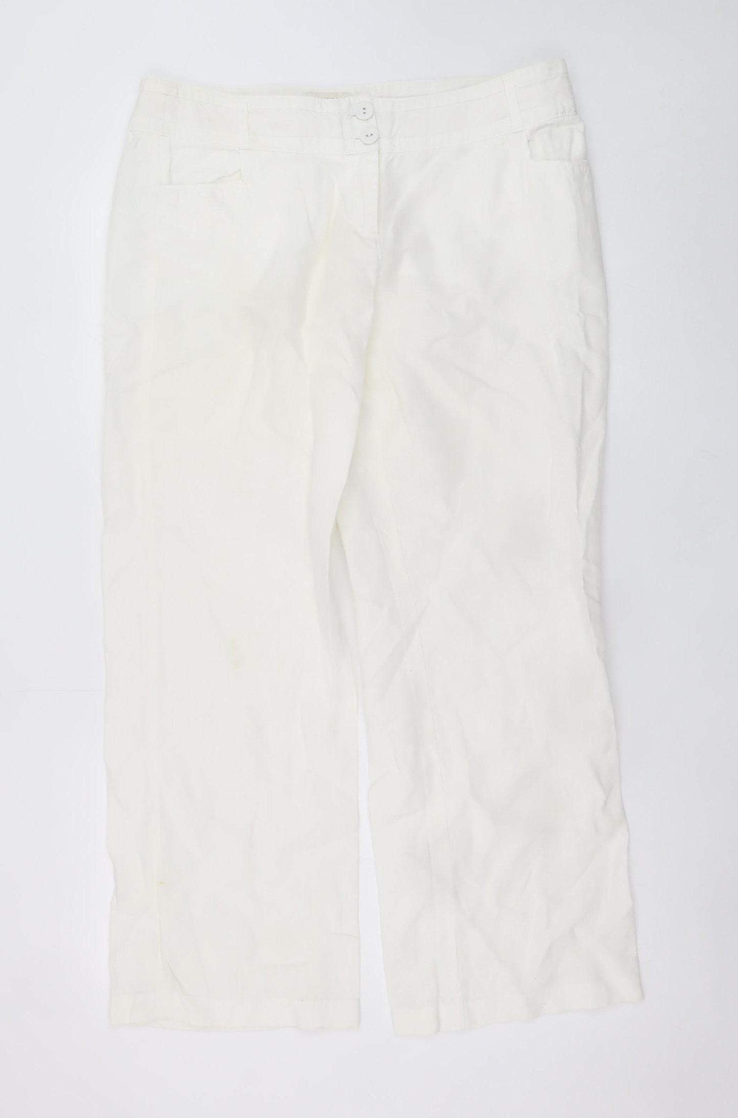 Monsoon Women Ivory Linen Straight Trousers Size 14 Short