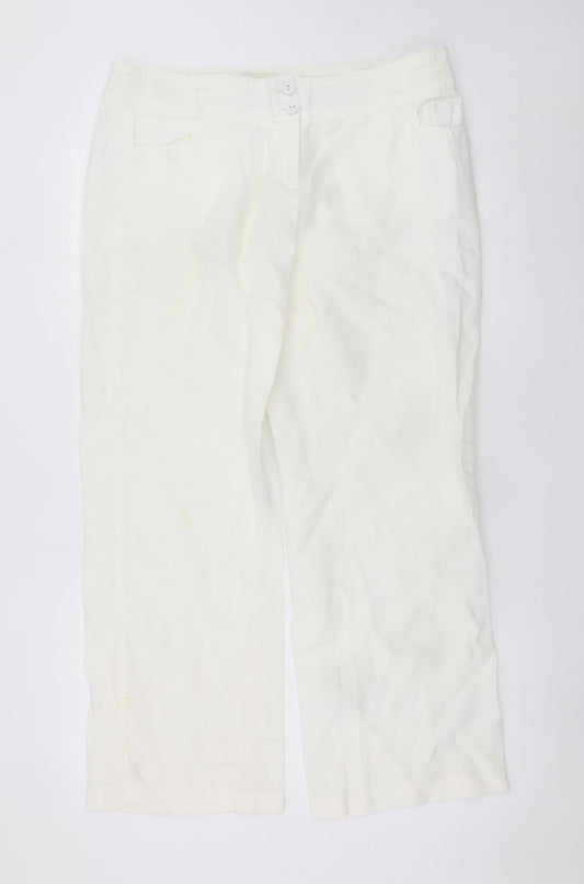 Monsoon Women Ivory Linen Straight Trousers Size 14 Short