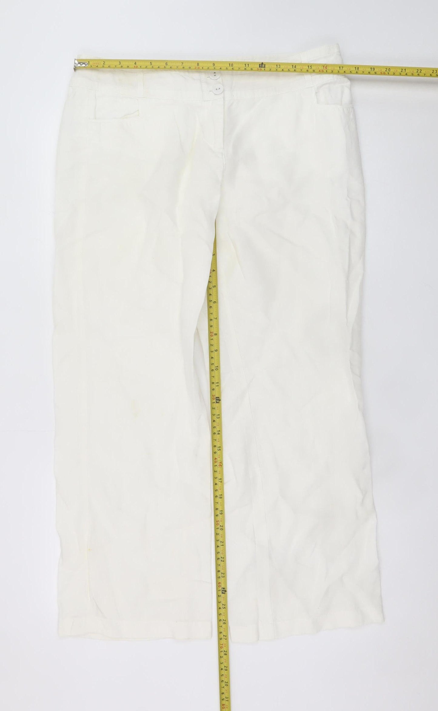 Monsoon Women Ivory Linen Straight Trousers Size 14 Short