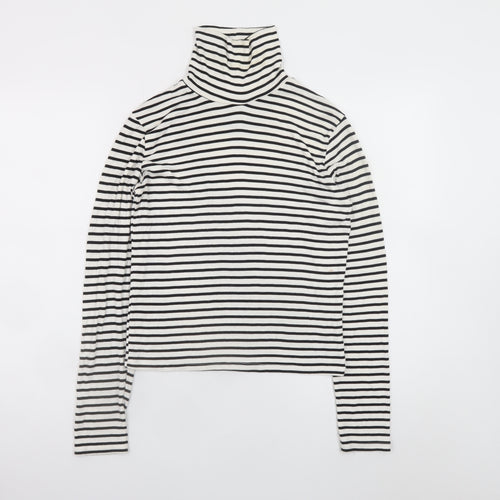 ZARA Women White Black Striped Roll Neck Long Sleeve Cotton Top L