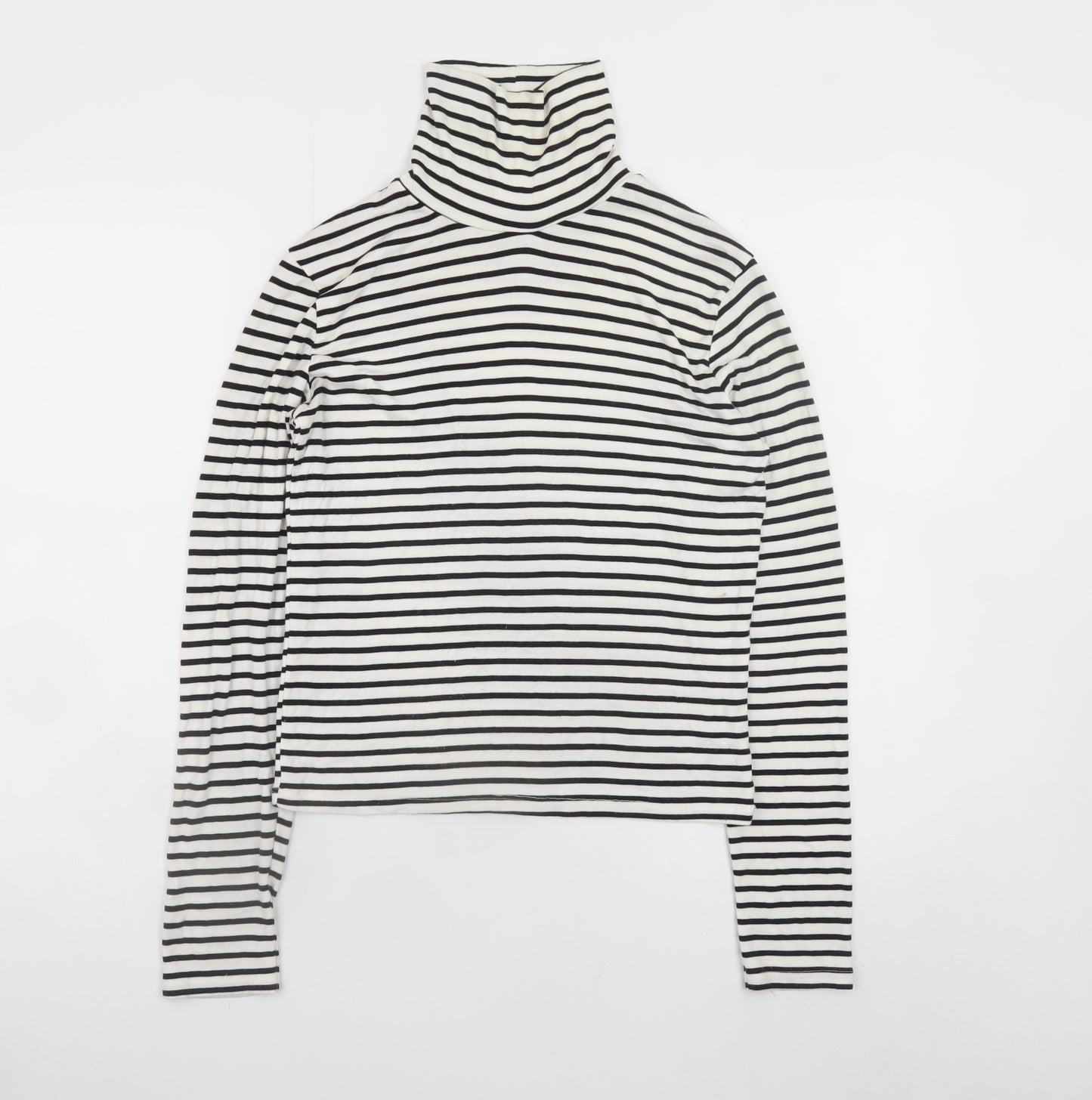 ZARA Women White Black Striped Roll Neck Long Sleeve Cotton Top L
