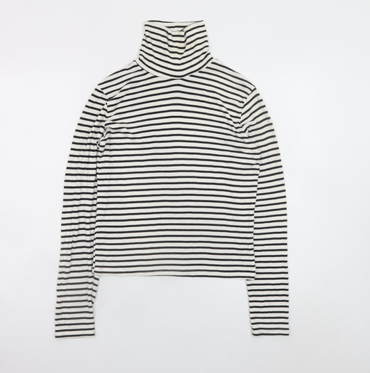 ZARA Women White Black Striped Roll Neck Long Sleeve Cotton Top L