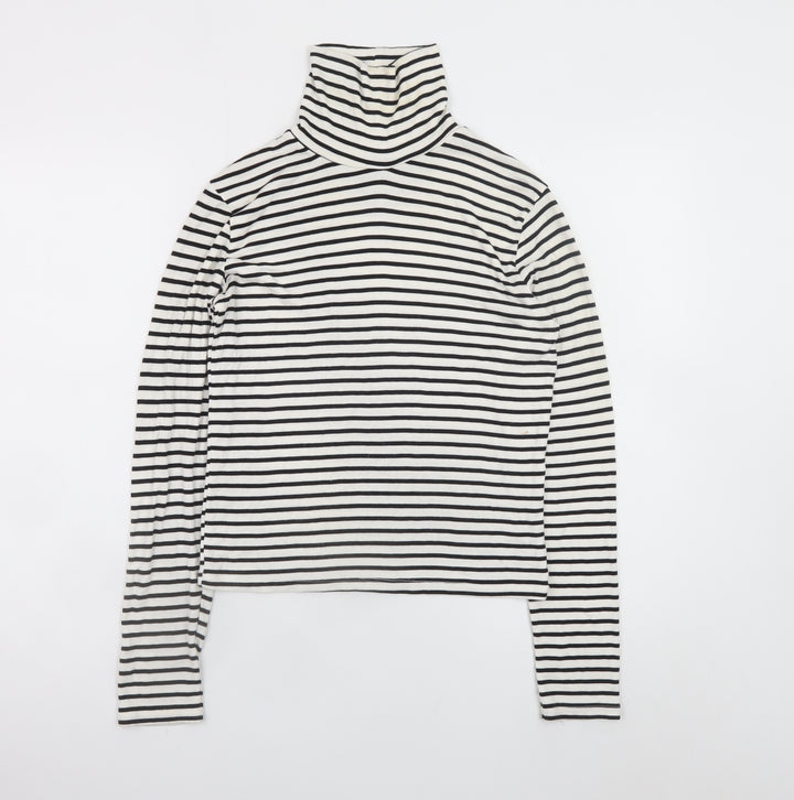 ZARA Women White Black Striped Roll Neck Long Sleeve Cotton Top L