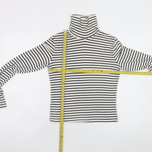 ZARA Women White Black Striped Roll Neck Long Sleeve Cotton Top L