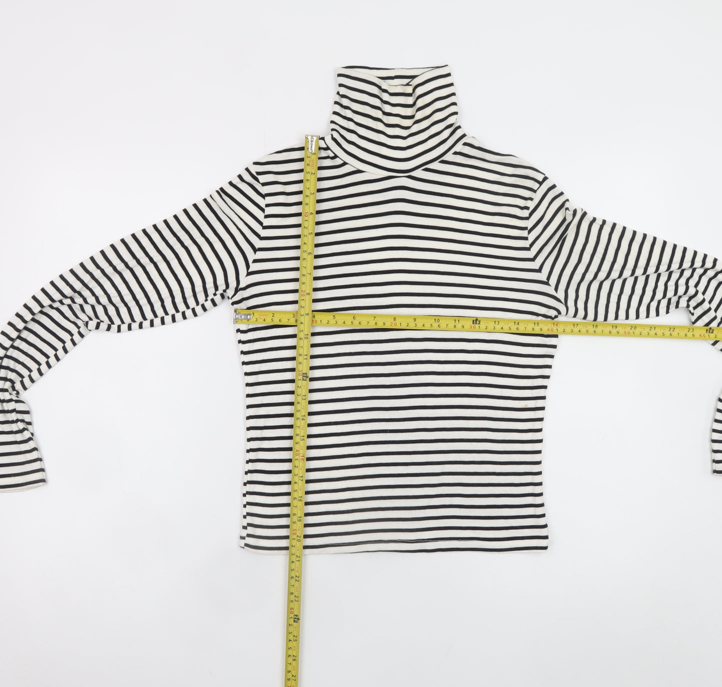 ZARA Women White Black Striped Roll Neck Long Sleeve Cotton Top L