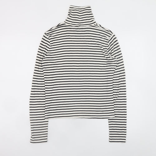ZARA Women White Black Striped Roll Neck Long Sleeve Cotton Top L