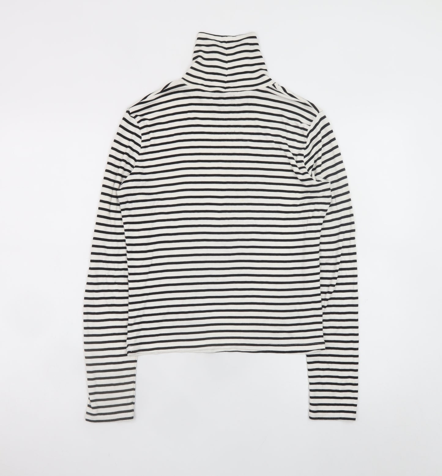 ZARA Women White Black Striped Roll Neck Long Sleeve Cotton Top L