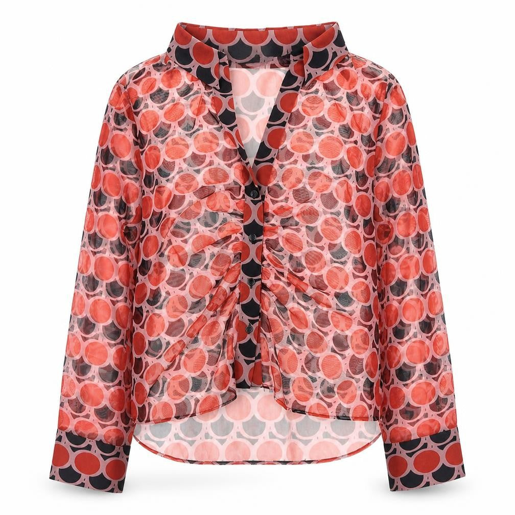 Front view of Zara women’s multicoloured geometric sheer mesh blouse, size UK 18