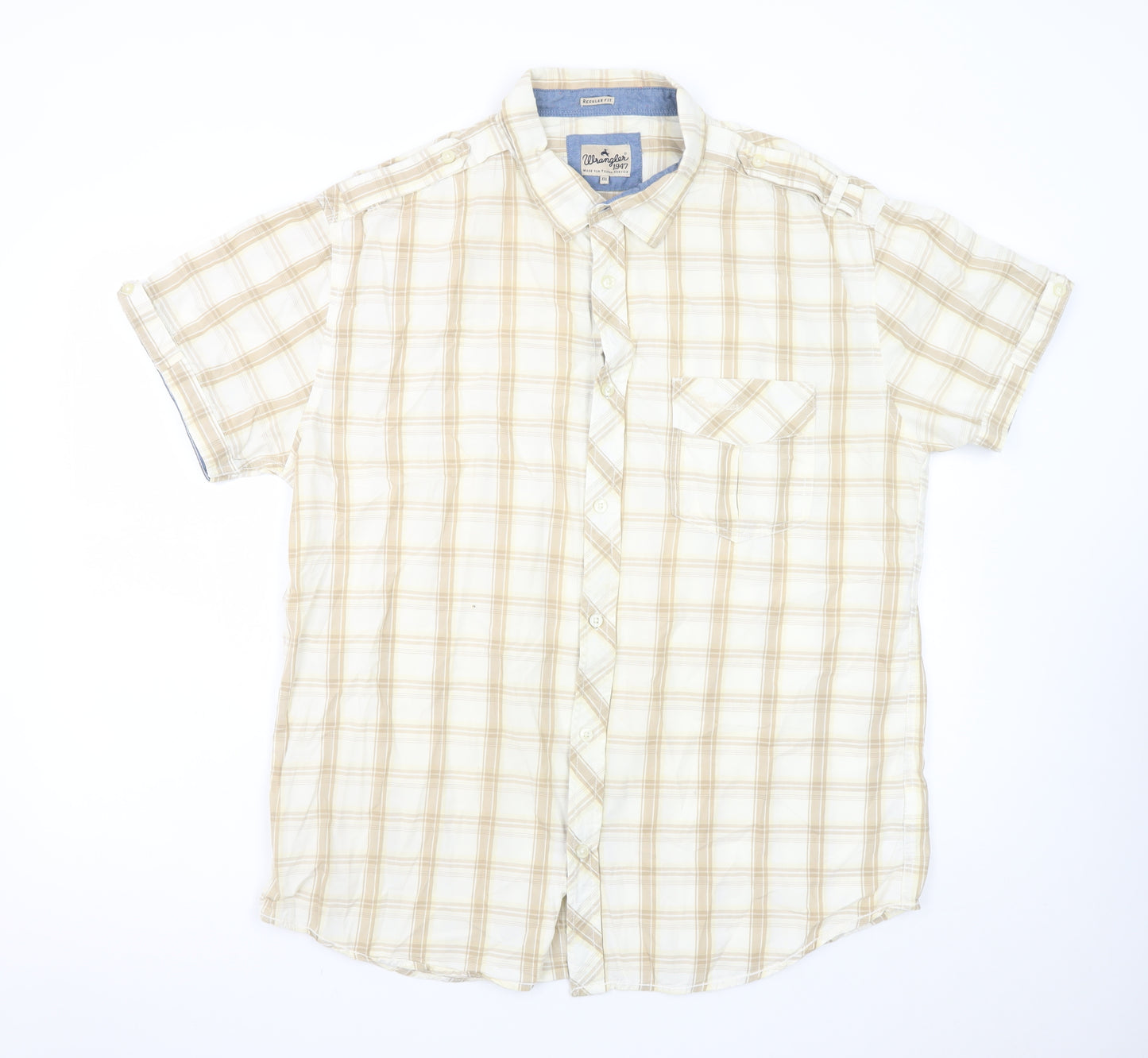 Wrangler Men’s Beige Plaid Short Sleeve 2XL Button-Up Cotton Shirt