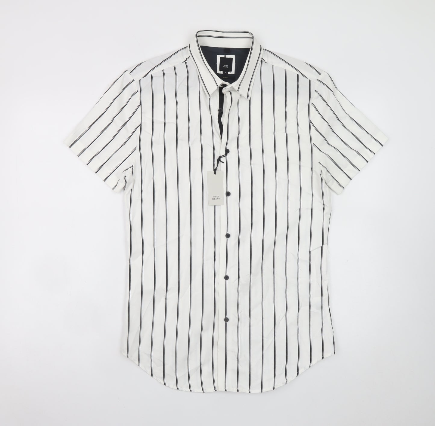 River Island Men's White Slim Fit Striped Short Sleeve Button-Up Shirt S