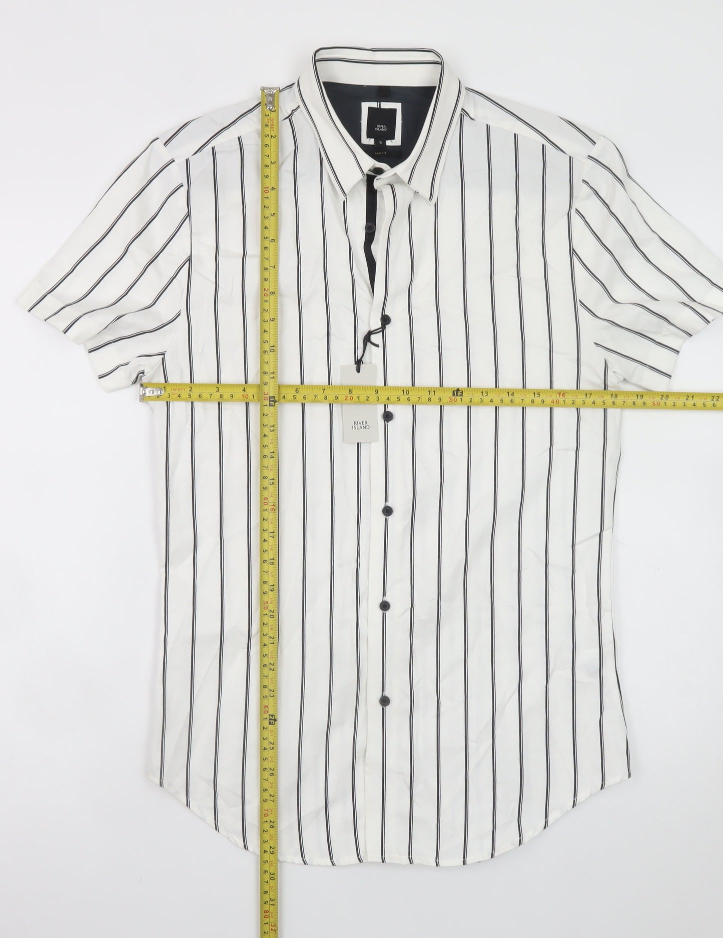 River Island Men's White Slim Fit Striped Short Sleeve Button-Up Shirt S