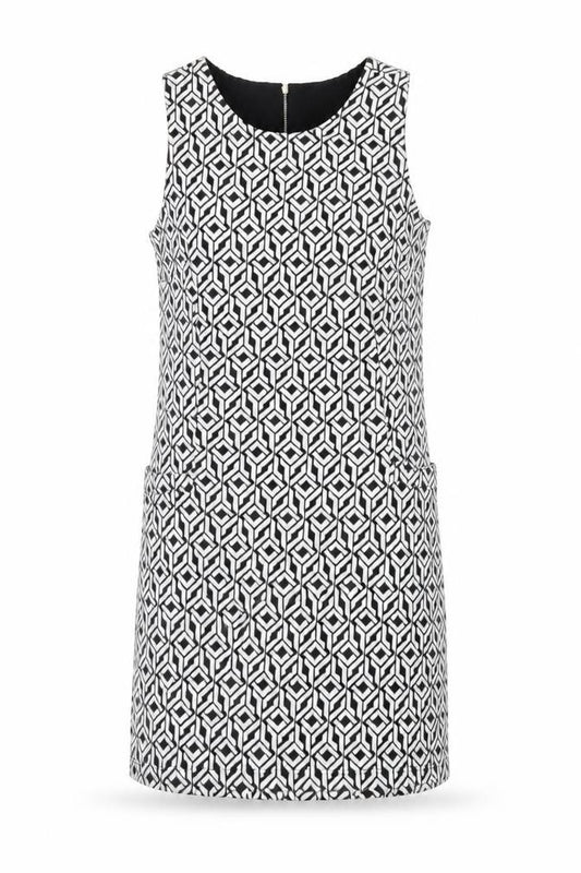 Front view of Vestry Women Black Geometric Shift Dress, size 12, Sleeveless