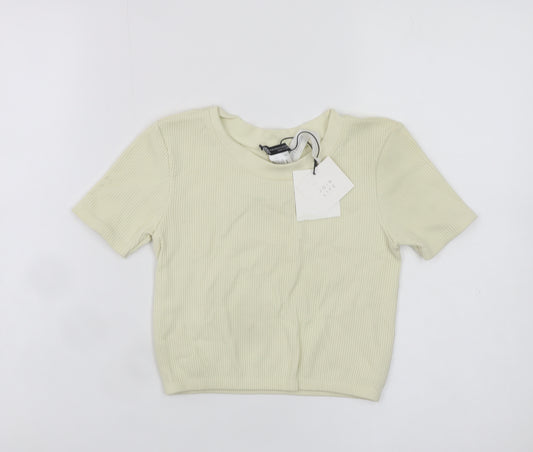 ZARA Women Beige Cropped Ribbed Knit Short Sleeve T-Shirt XS