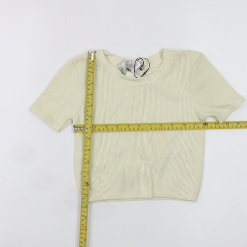 ZARA Women Beige Cropped Ribbed Knit Short Sleeve T-Shirt XS
