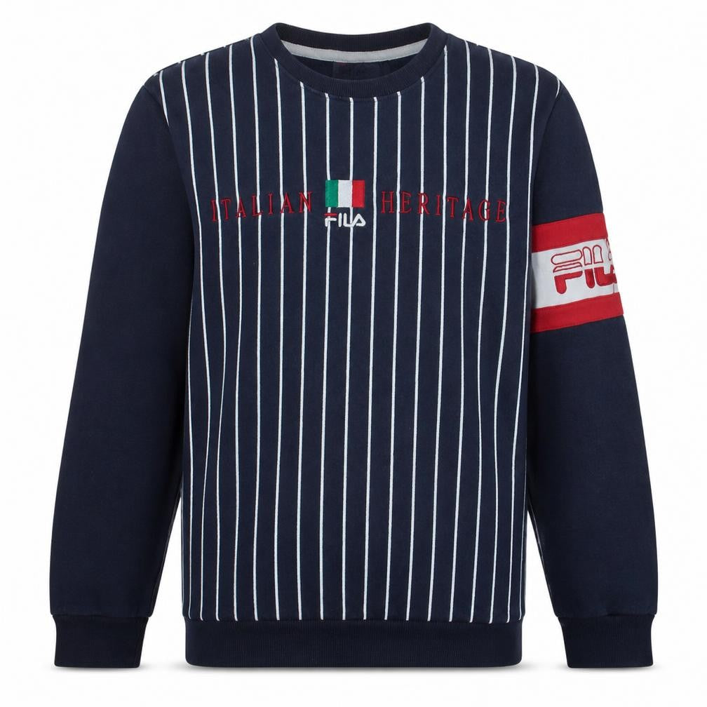 Front view of Fila Men's Blue Striped Italian Heritage Sweatshirt, size S