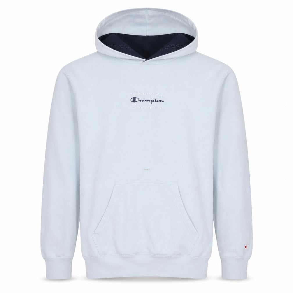 Front view of Champion Men’s White Small Pullover Hoodie with Logo Detail