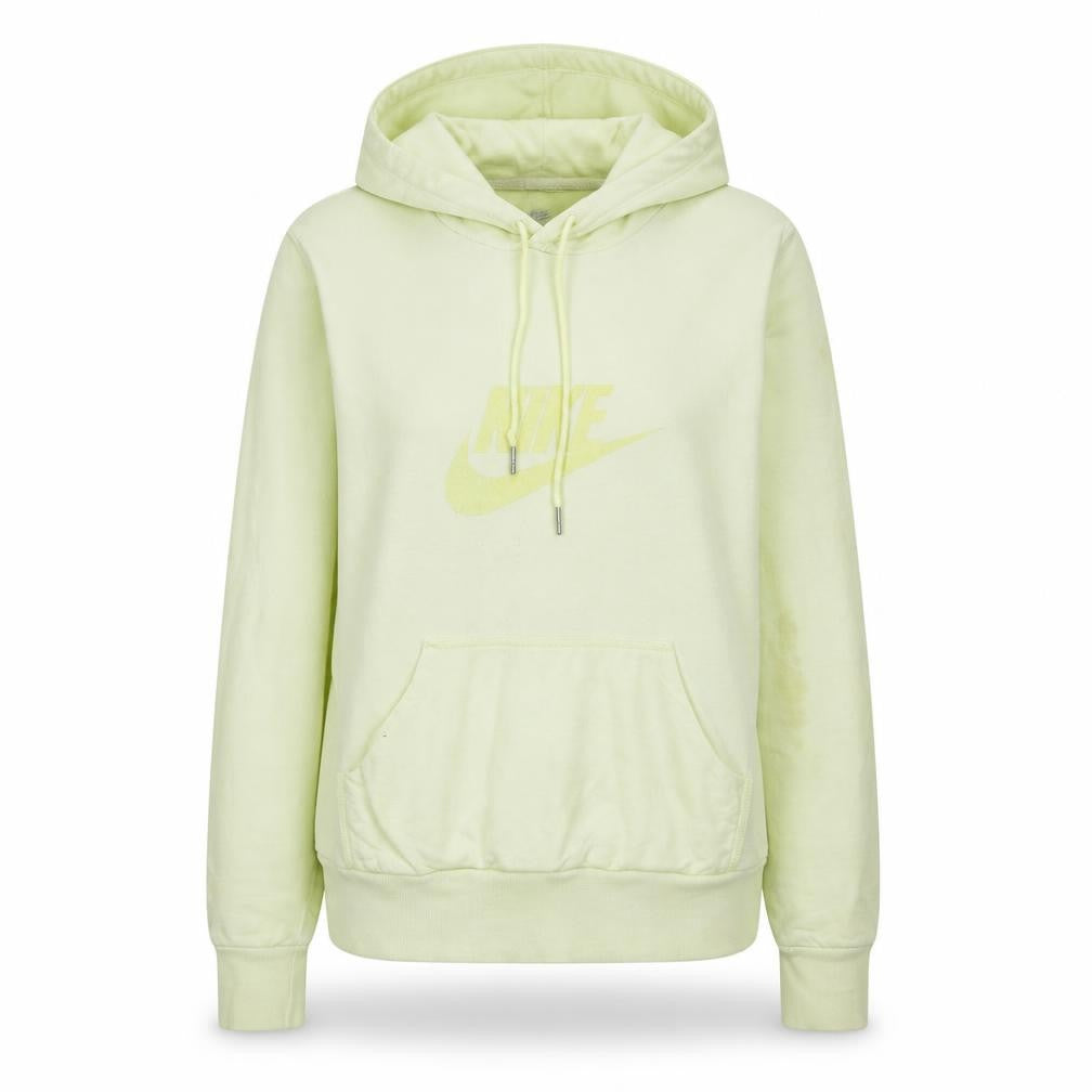 Front view of Nike Women Light Yellow Pullover Hoodie, size L, Logo Graphic Sweatshirt