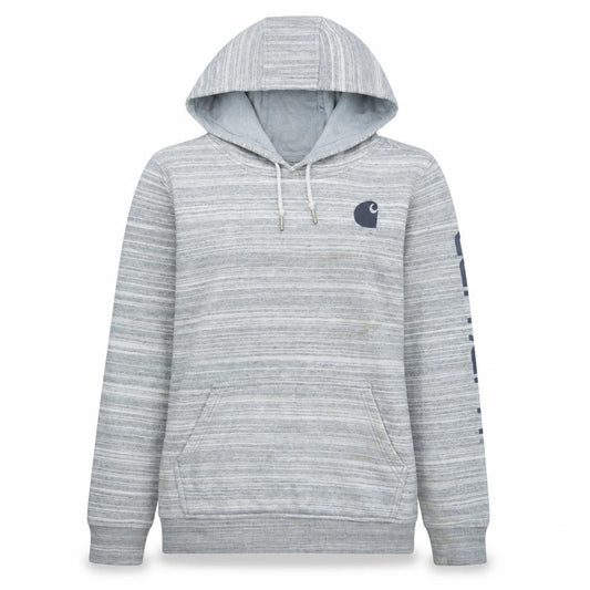 Front view of Carhartt Women's Grey Striped Pullover Hoodie, size M, (12)