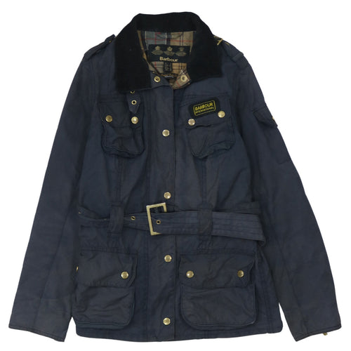 Barbour Womens Blue Waxed Cotton Belted Motorcycle Jacket Size 8