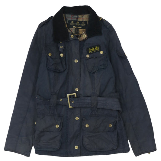 Barbour Womens Blue Waxed Cotton Belted Motorcycle Jacket Size 8