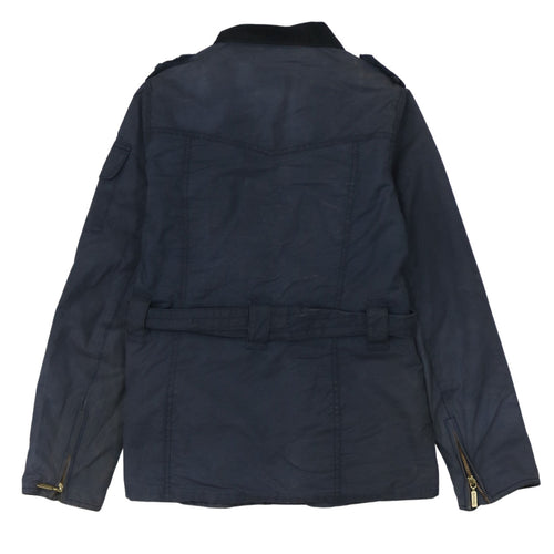Barbour Womens Blue Waxed Cotton Belted Motorcycle Jacket Size 8