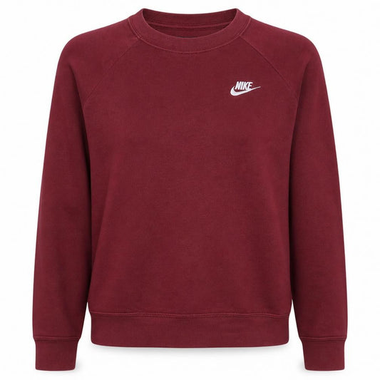 Front view of Nike women’s burgundy crew neck sweatshirt, size S, classic logo pullover