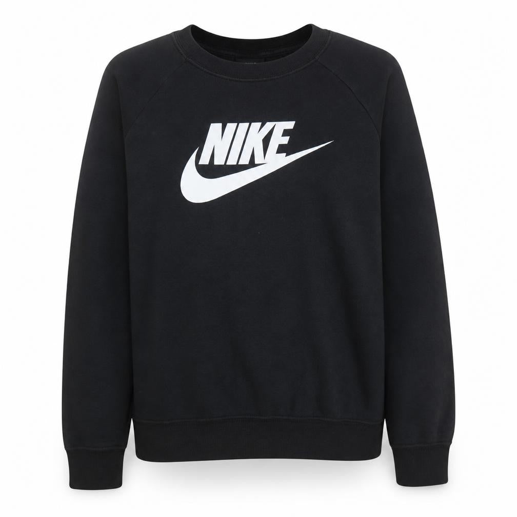 Front view of Nike women’s black medium pullover sweatshirt cotton blend logo print