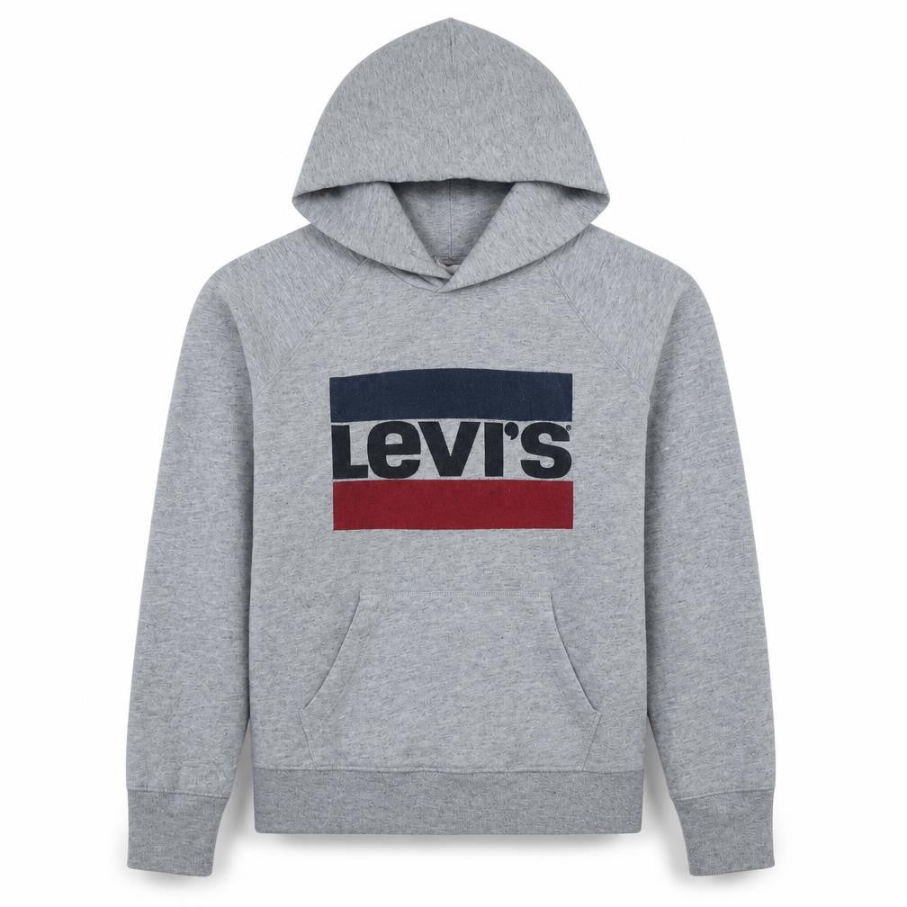 Front view of Levi's Grey XS Pullover Hoodie Teens Graphic Logo Sweatshirt