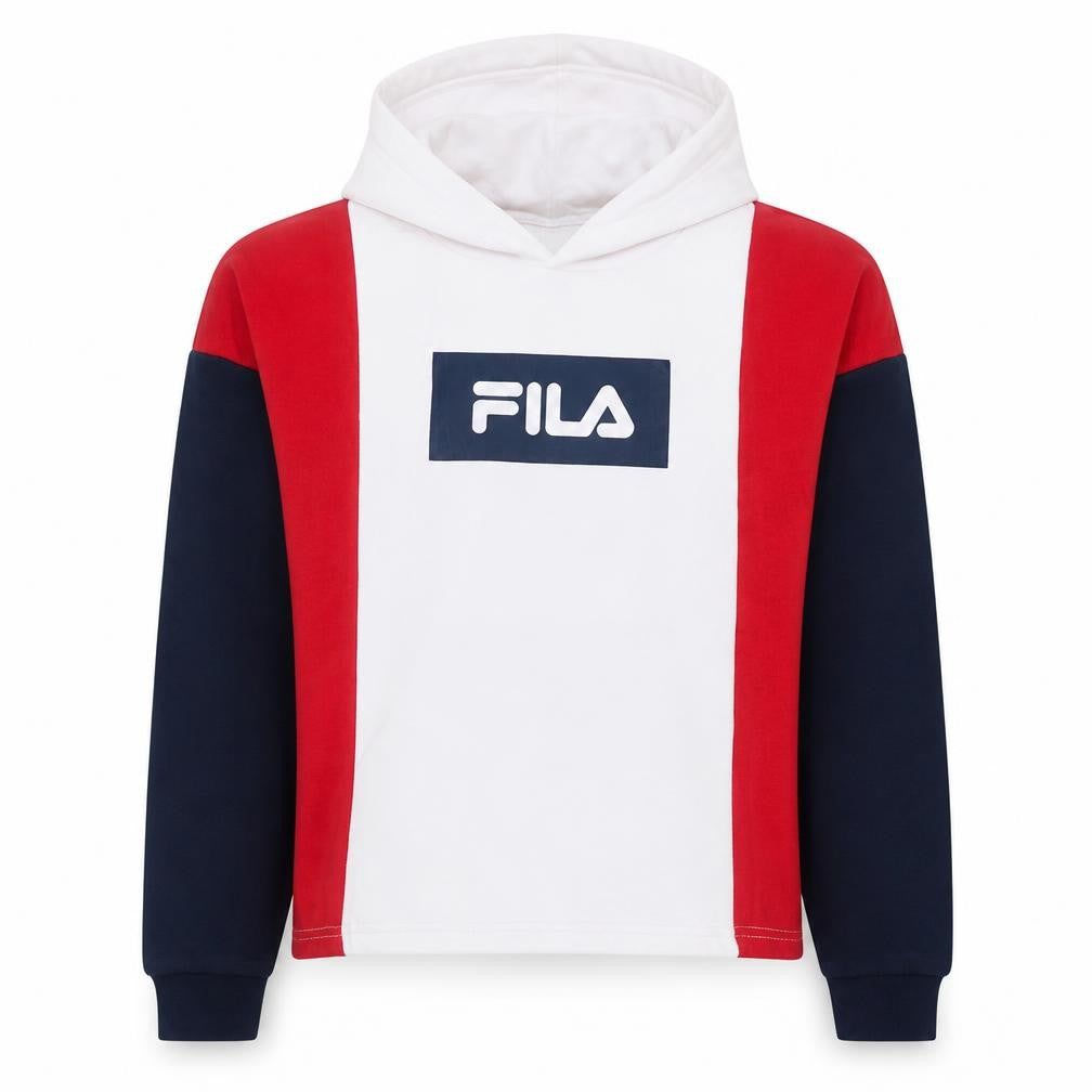 Front view of Fila Women's Red White Navy Colourblock Pullover Hoodie, size S
